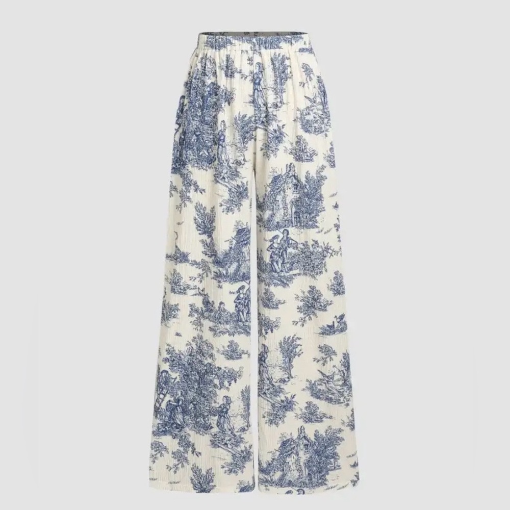 Cider Blue Toile Print Wide Leg Pants Cottagecore Size XL